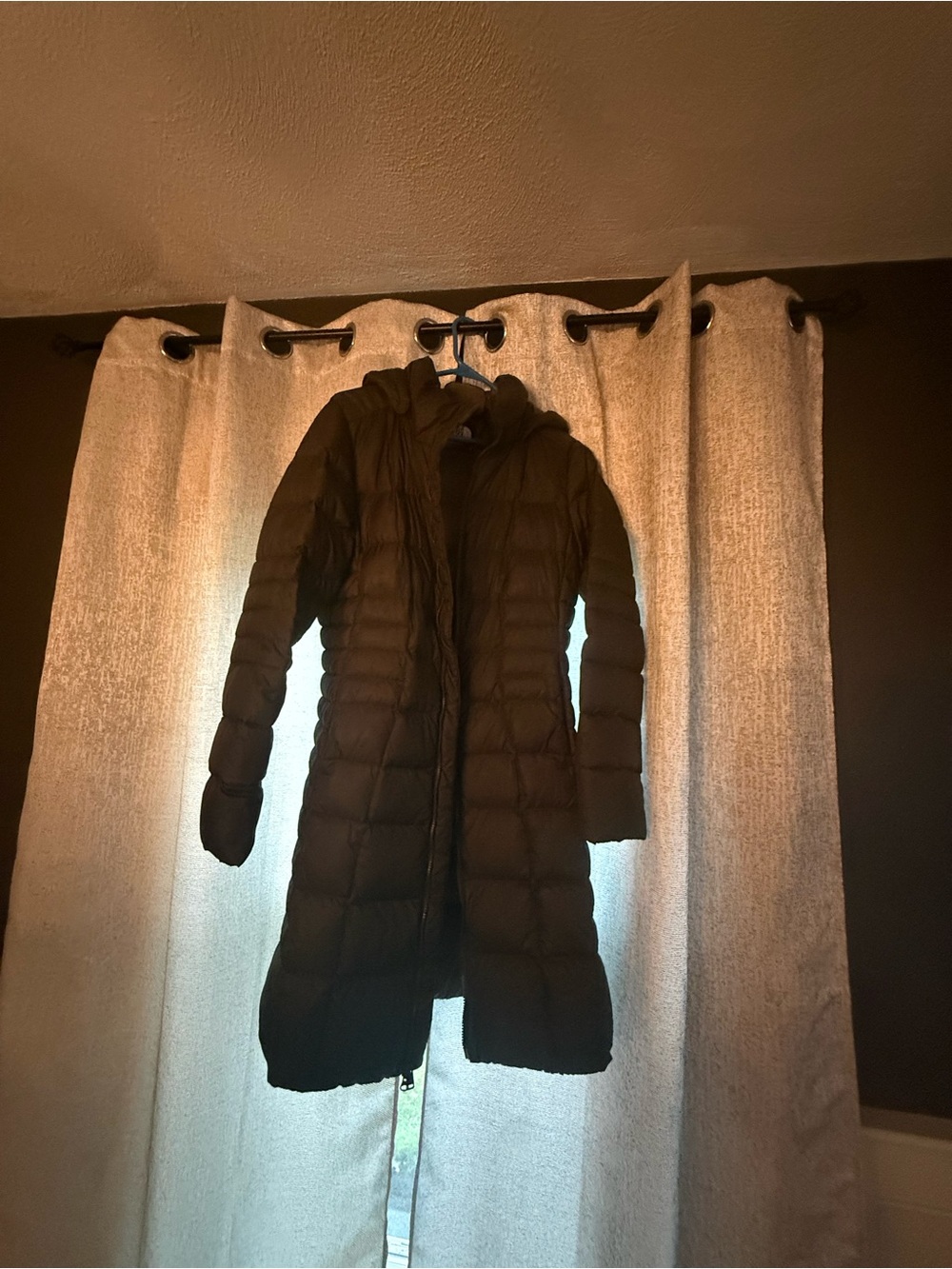 Women's North Face Long Dark Olive Green Puffer Coat with Hood